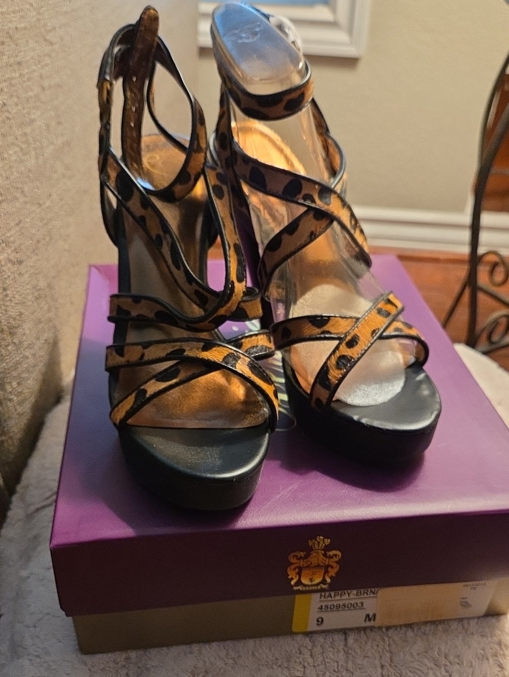 Fergie Footwear "Happy" - Strappy Leopard Print Platform Heels in Tan